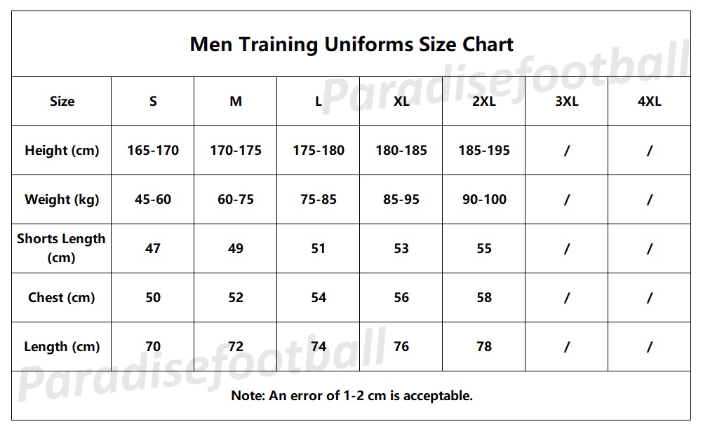 Men Training Soccer Uniforms Size Chart